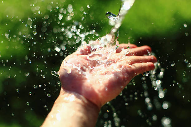 close up of a hand palm up to catch the running water in nature.